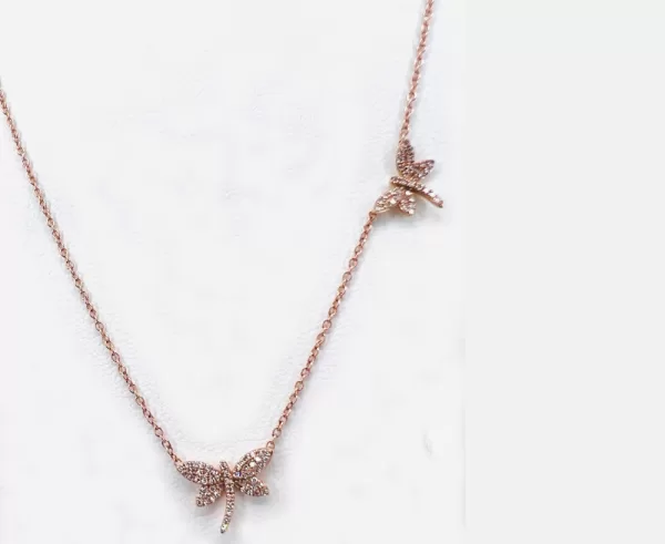 14 Karat Rose Gold Round Brilliant Diamond Dragonfly Necklace