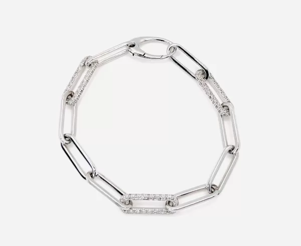 14 Karat White Gold Round Brilliant Diamond Paperclip Bracelet