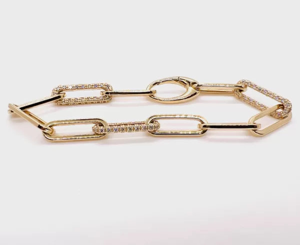 14 Karat Yellow Gold Round Brilliant Diamond Paperclip Bracelet