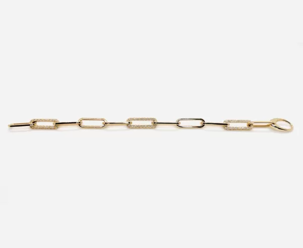 14 Karat Yellow Gold Round Brilliant Diamond Paperclip Bracelet