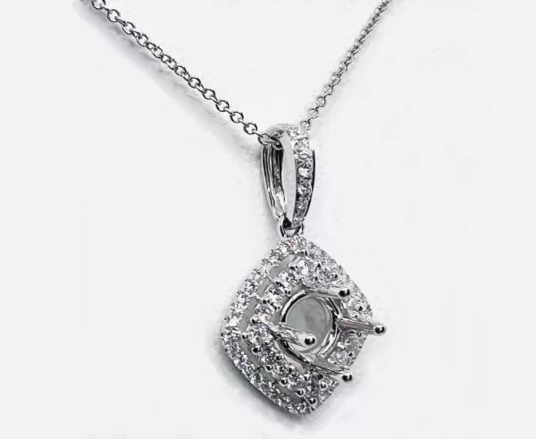 18 Karat White Gold Round Brilliant Diamond Semi-Mount Pendant with Chain