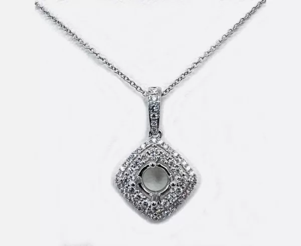 18 Karat White Gold Round Brilliant Diamond Semi-Mount Pendant with Chain