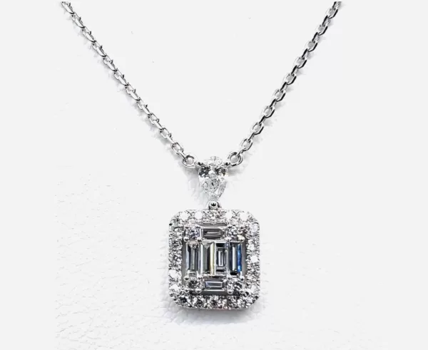 18 Karat White Gold, Round Brilliant | Pear Shape | Baguette Diamond Pendant with Chain