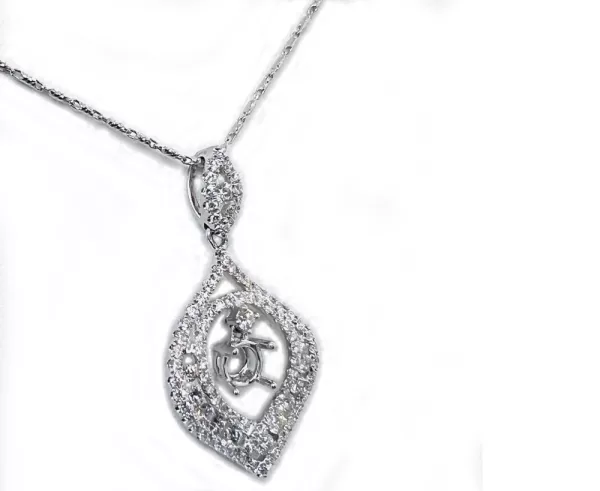 18 Karat White Gold Round Brilliant Diamond Semi-Mount Pendant with Chain D2