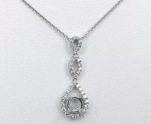 18 Karat White Gold Round Brilliant Diamond Semi-Mount Pendant with Chain D3