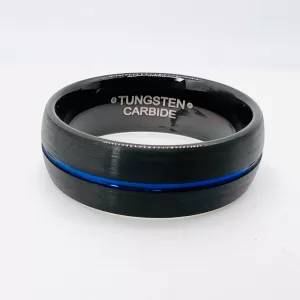 Tungsten Men's Band Black Exterior with Thin Blue Line