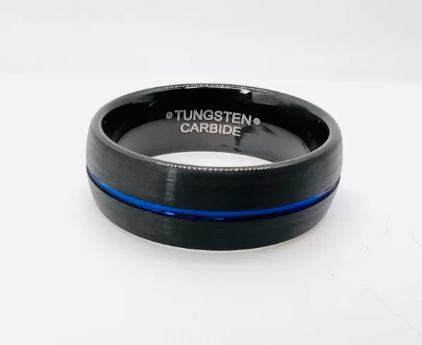 Tungsten Men's Band Black Exterior with Thin Blue Line